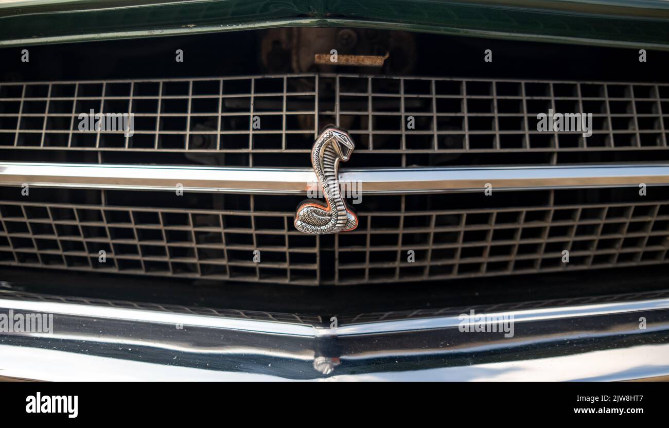 Selective Emblom Old Buckenham, Norfolk, UK – September 03 2022. Cobra Shelby emblem on ...
