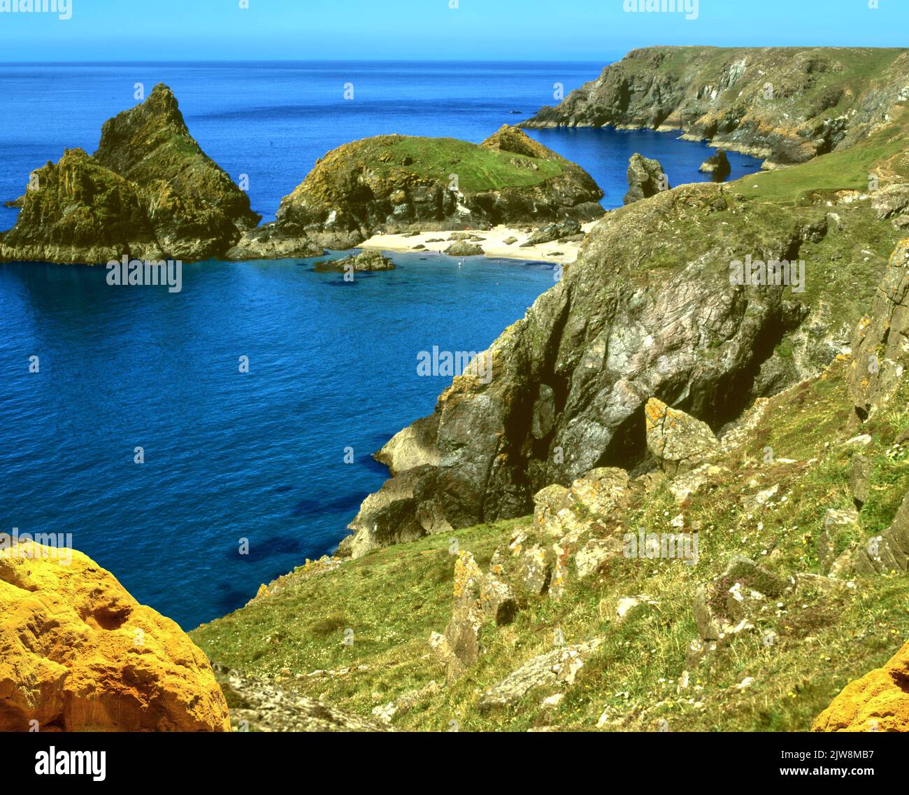 Kynance Cove is a cove on the eastern side of Mount's Bay, Cornwall, England Stock Photo
