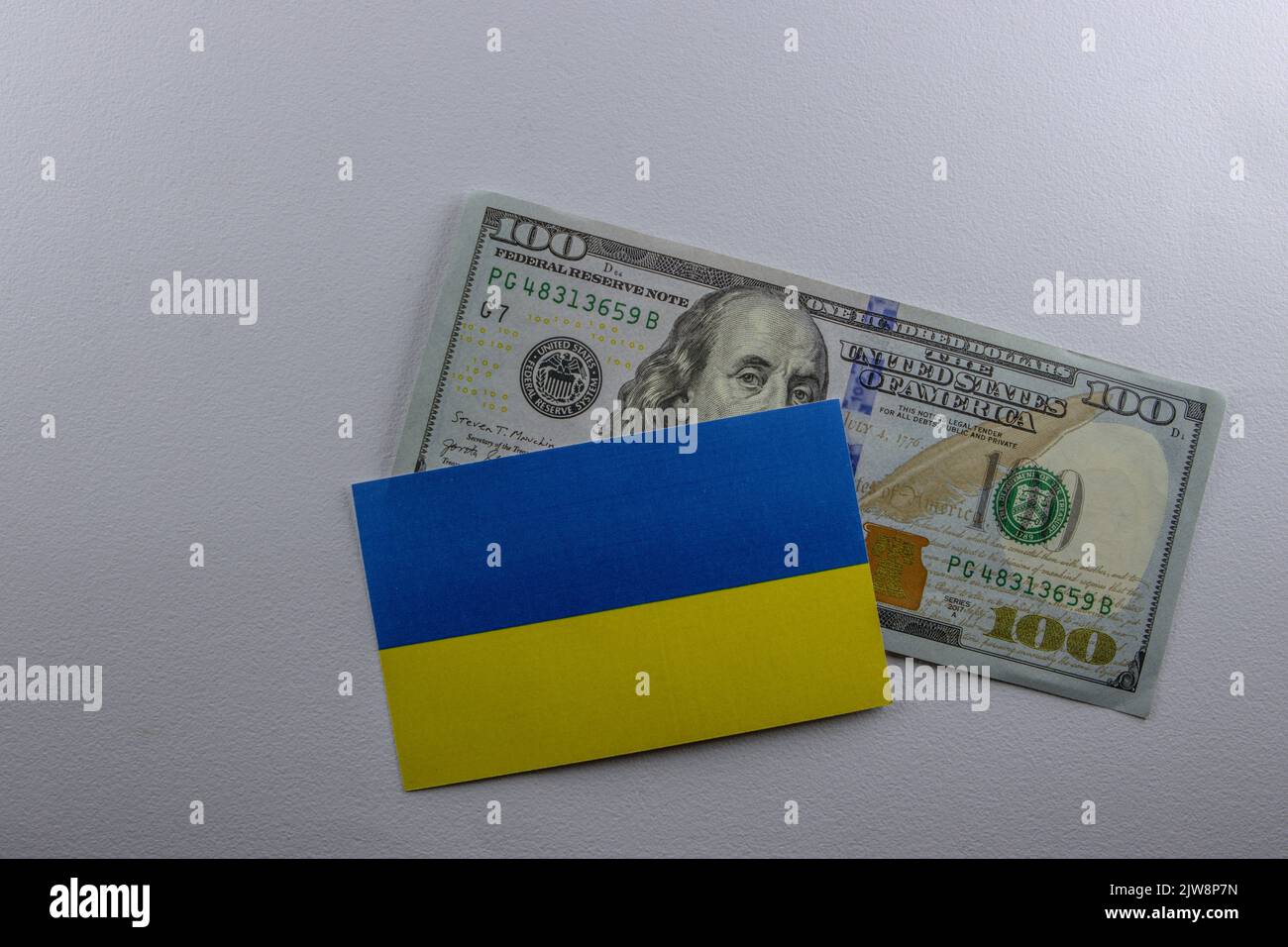 Dollar banknote with Ukraine flag, Financial assistance to Ukraine from