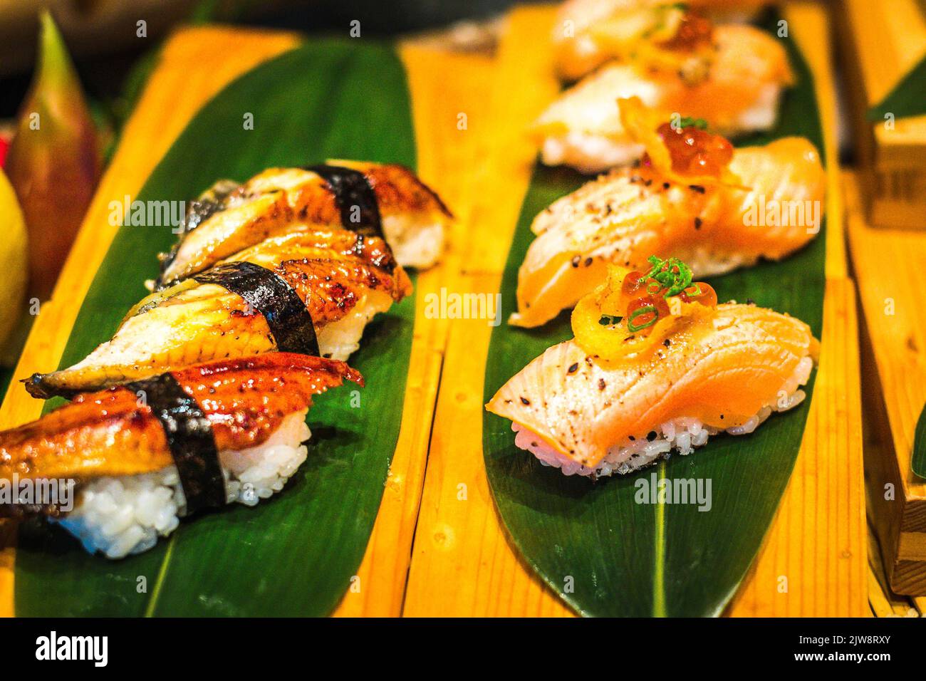 nigiri sushi platter with many different kinds of nigiri sushi with