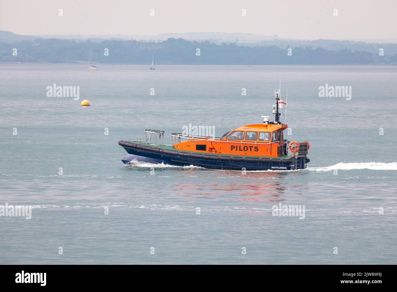 Pilot boat operating in the Solent. Vessel at speed crossing left to right. Stock Photo