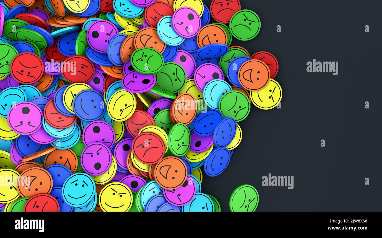 Many round and colored faces with different emotions lie on top of each