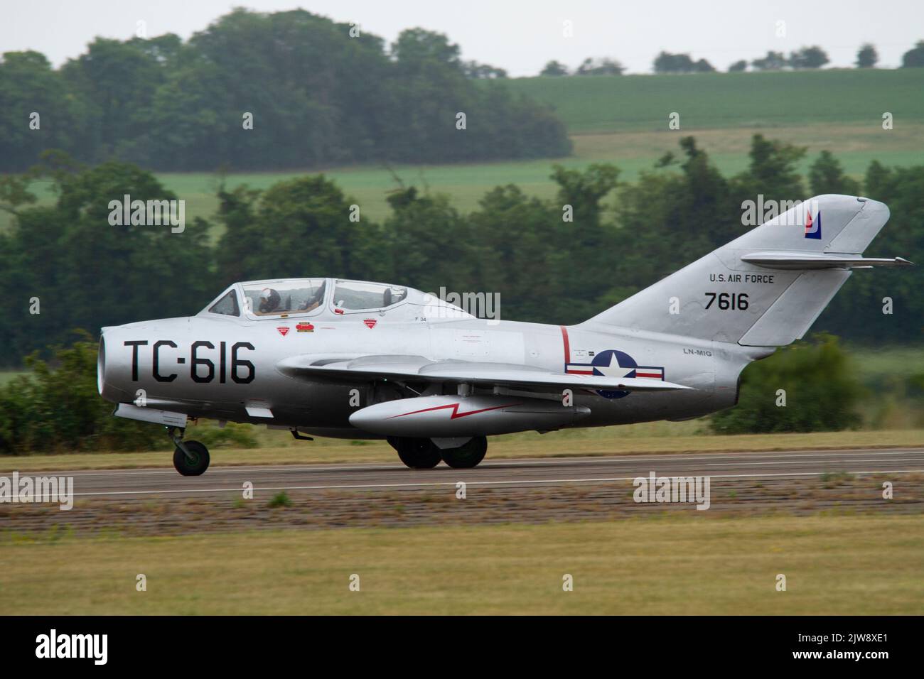 Mikoyan-Gurevich MIG 15 landing on runway 24 at the Duxford Summer Airshow 23rd July 2022 Stock Photo