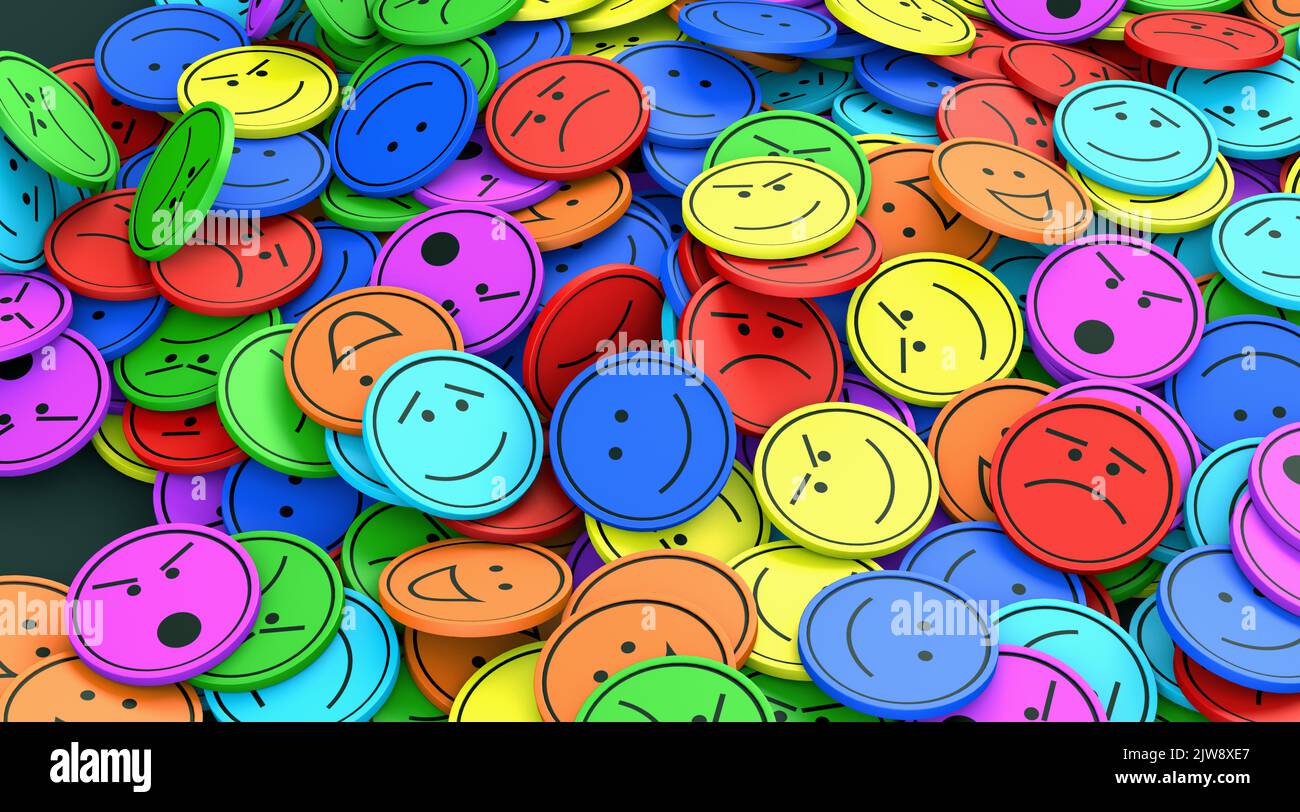 Many round and colored faces with different emotions lie on top of each other - 3d illustration Stock Photo