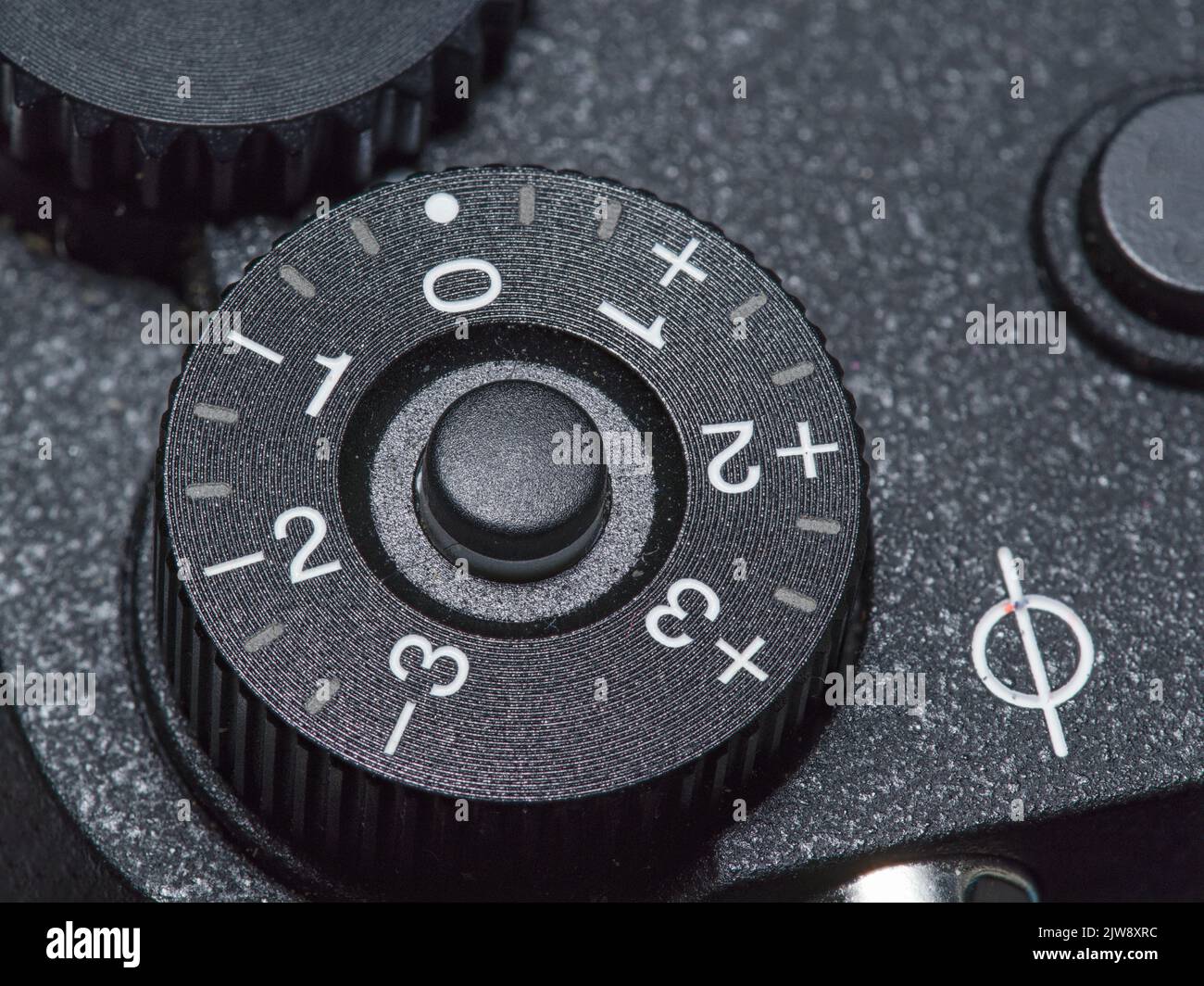 manual exposure compensation dial on a camera with one third increments to three stops. Stock Photo