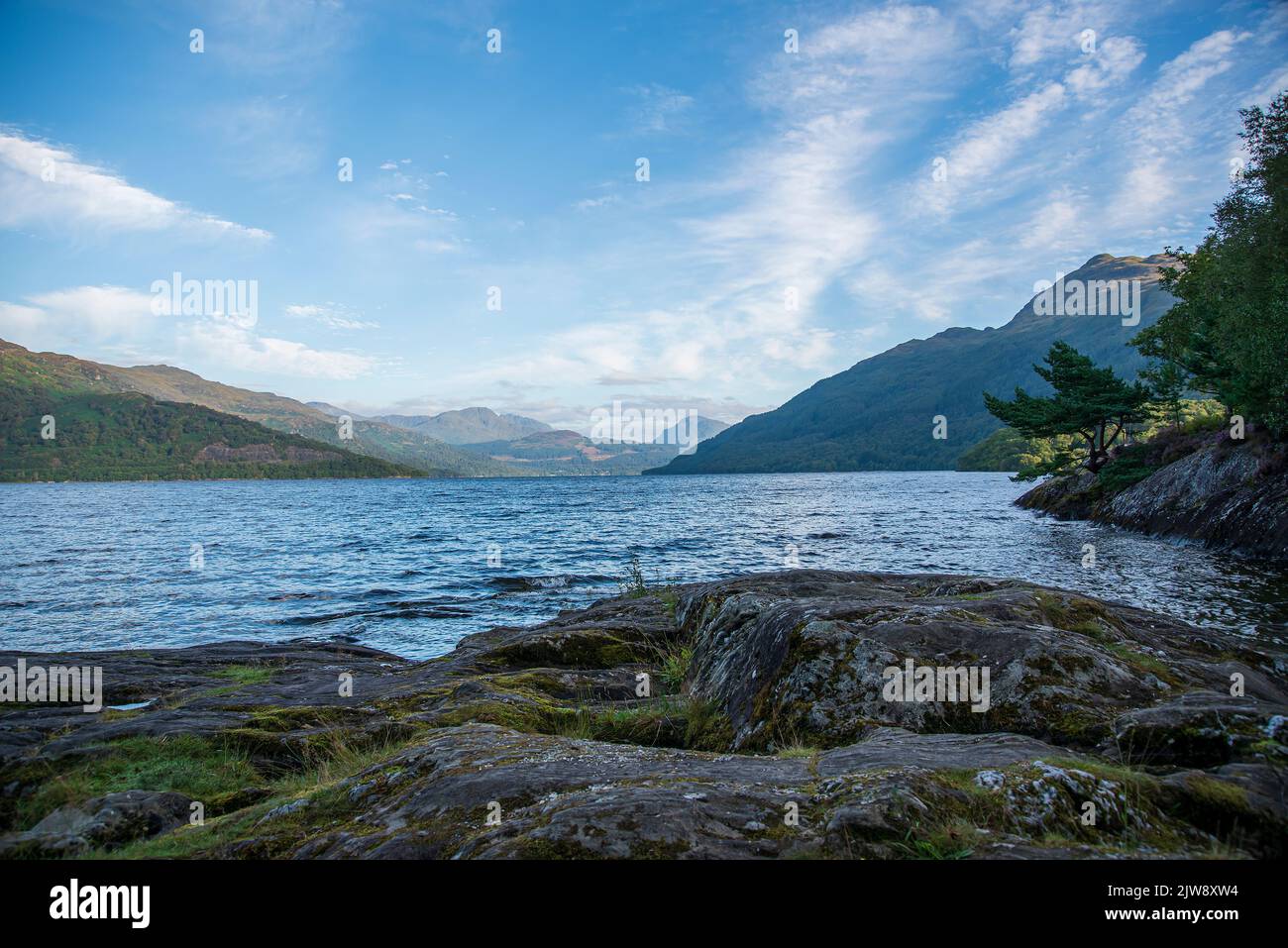 Landscape photography of lake, mountain, hill, morning, cloud, sky Stock Photo