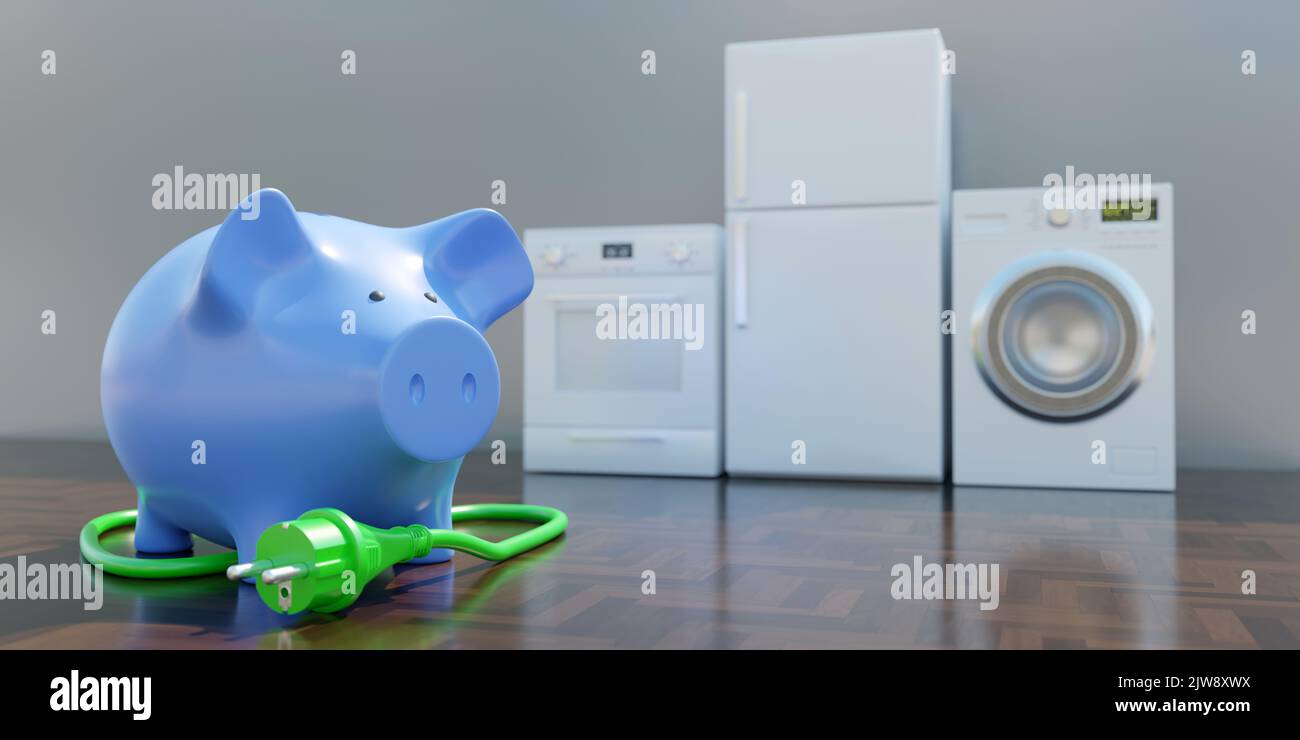 Home electric appliances, Green power plug and piggy bank. House