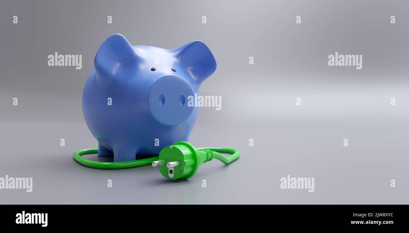 Green power plug and piggy bank on grey color background, copy space. House electricity cost saving. 3d render Stock Photo