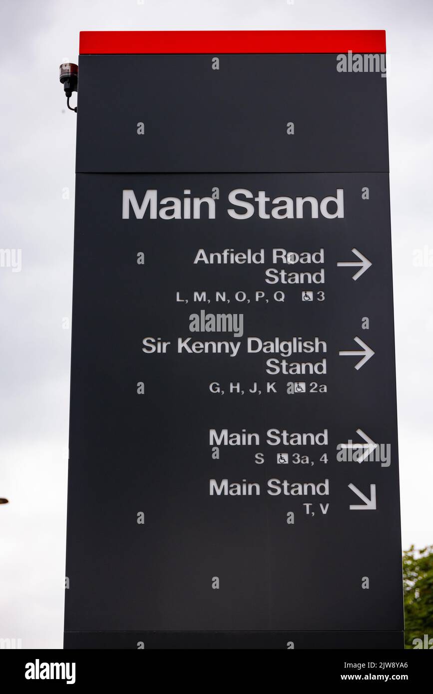 Direction signs at Anfield stadium - home of FC Liverpool - LIVERPOOL, UK - AUGUST 16, 2022 Stock Photo