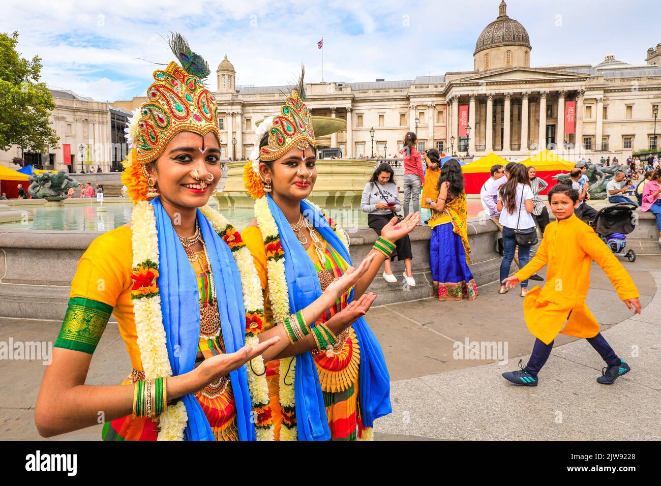 London, UK. 04th Aug, 2022. Young girls from an Odissi dance group, an ancient Indian classical dance, are excited to take part in the festivities. The Hindu Ratha Yatra Festival (alternative spelling Rathayatra), or Chariot Festival, falls on the 4th of September this year and is celebrated in London with a procession of the chariots and deities from Hyde Park to Trafalgar Square, accompanied by the public, followed festivities, free food and performances in Trafalgar Square. Credit: Imageplotter/Alamy Live News Stock Photo
