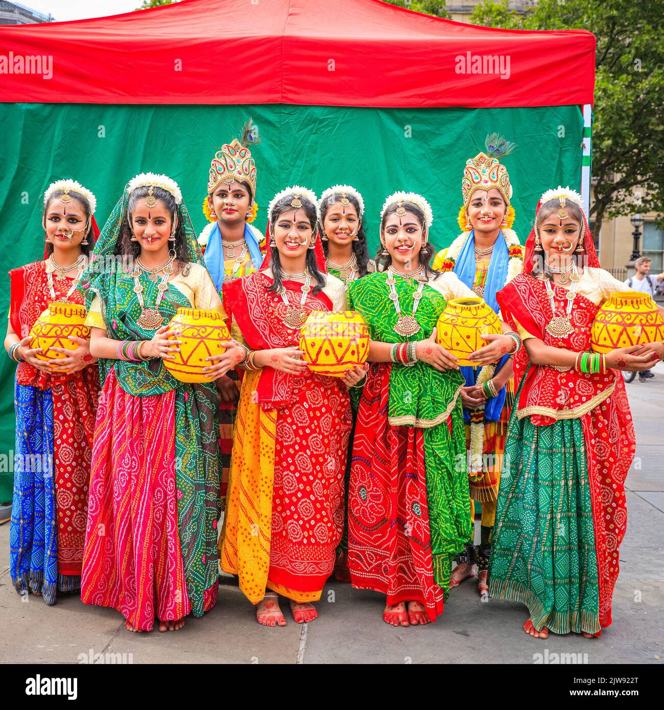 London, UK. 04th Aug, 2022. Young girls from an Odissi dance group, an ancient Indian classical dance, are excited to take part in the festivities. The Hindu Ratha Yatra Festival (alternative spelling Rathayatra), or Chariot Festival, falls on the 4th of September this year and is celebrated in London with a procession of the chariots and deities from Hyde Park to Trafalgar Square, accompanied by the public, followed festivities, free food and performances in Trafalgar Square. Credit: Imageplotter/Alamy Live News Stock Photo