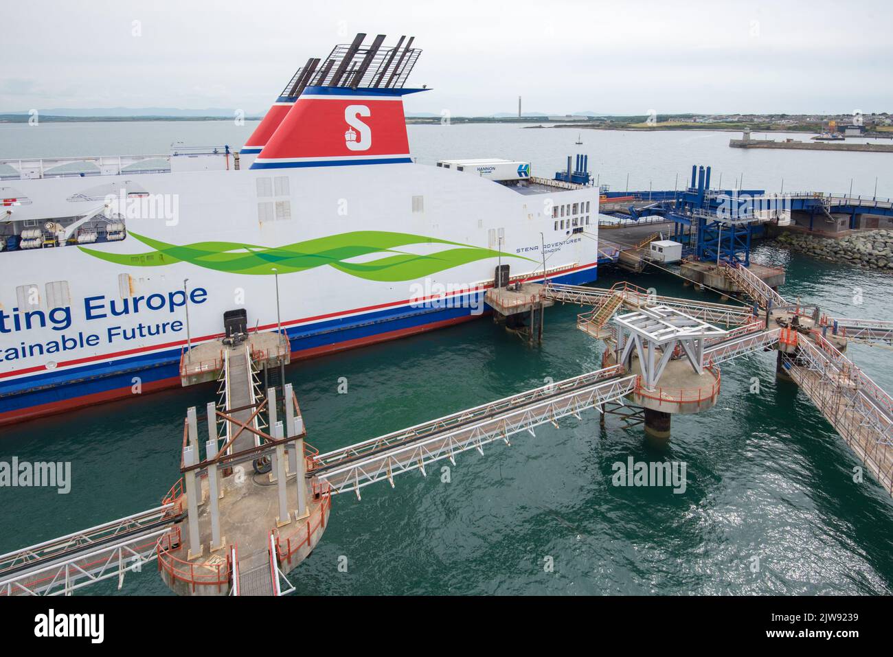 Stena Line car ferry, with a distinctive funnel at the Holyhead terminal for car & freight