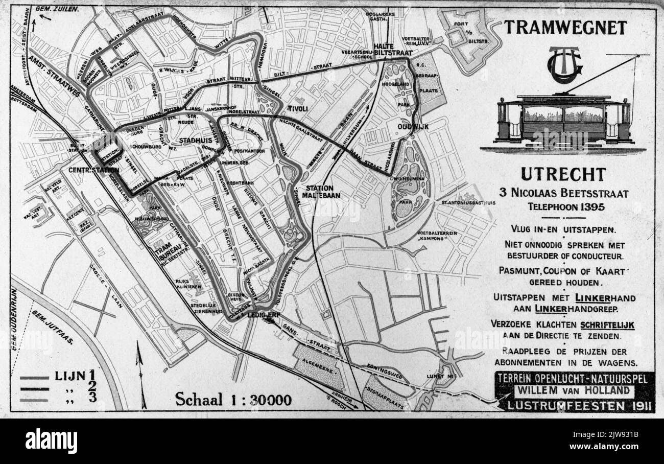 Map of Utrecht with the tram road network of the G.E.T.U Stock Photo