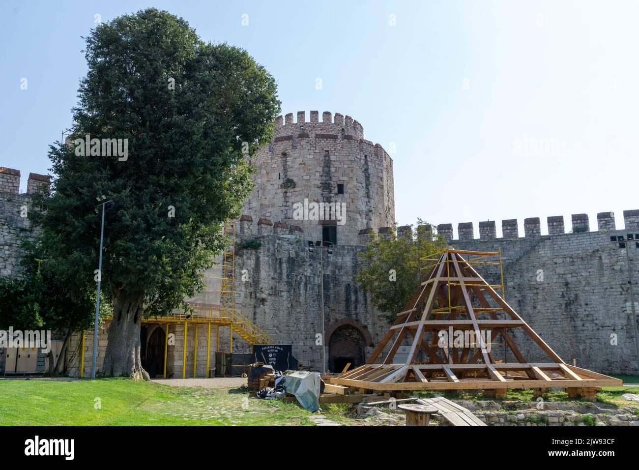 September 2, 2022: Views of the interior, courtyard and surroundings of the Yedikule Fortress Museum, fortified historic structure which was once used as a dungeon, located in the Yedikule neighbourhood of Fatih, in Istanbul, Turkey on September 2, 2022. Built in 1458 on the commission of Ottoman Sultan Mehmed II, the seven-tower complex was created by adding three new towers and fully enclosing a section of the ancient Walls of Constantinople, including the two twin towers that originally constituted the triumphal Golden Gate built by Roman Emperors Theodosius I and Theodosius II. (Credit Ima Stock Photo
