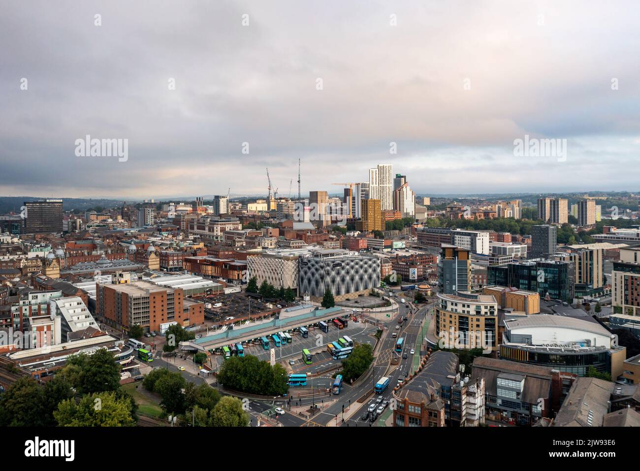 LEEDS, UK - SEPTEMBER 2, 2022. Aerial panorama view of Leeds city centre with bus station and Victoria shopping centre prominent Stock Photo