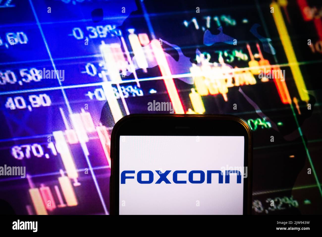KONSKIE, POLAND - August 30, 2022: Smartphone displaying logo of Foxconn company on stock exchange diagram background Stock Photo