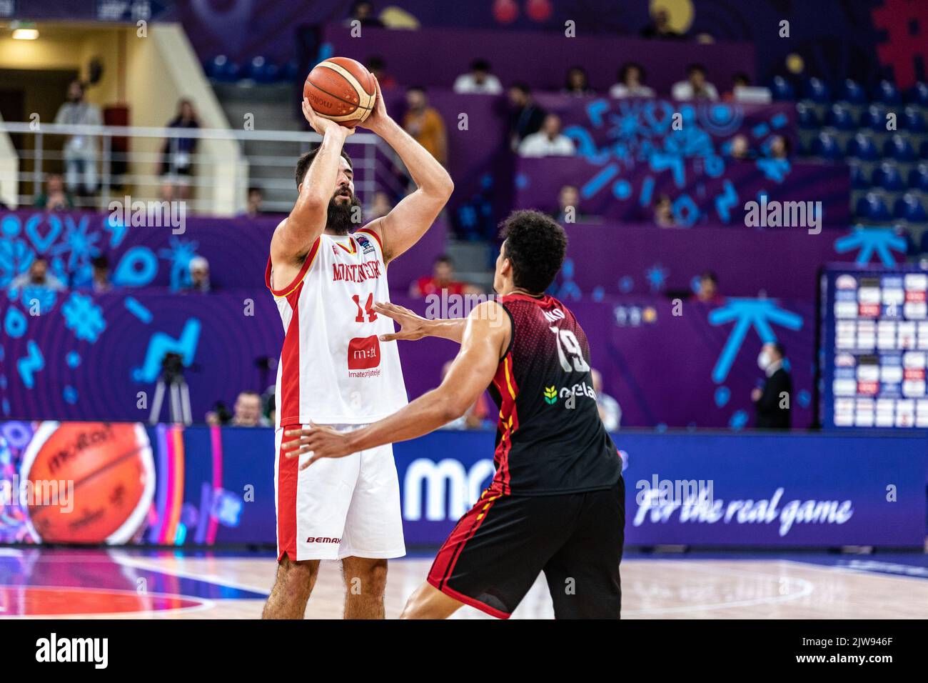 Bojan Dubljevic (L) of Montenegro and Ismael Bako (R) of Belgium seen in action during Day 3 Group A of the FIBA EuroBasket 2022 between Montenegro and Belgium at Tbilisi Arena