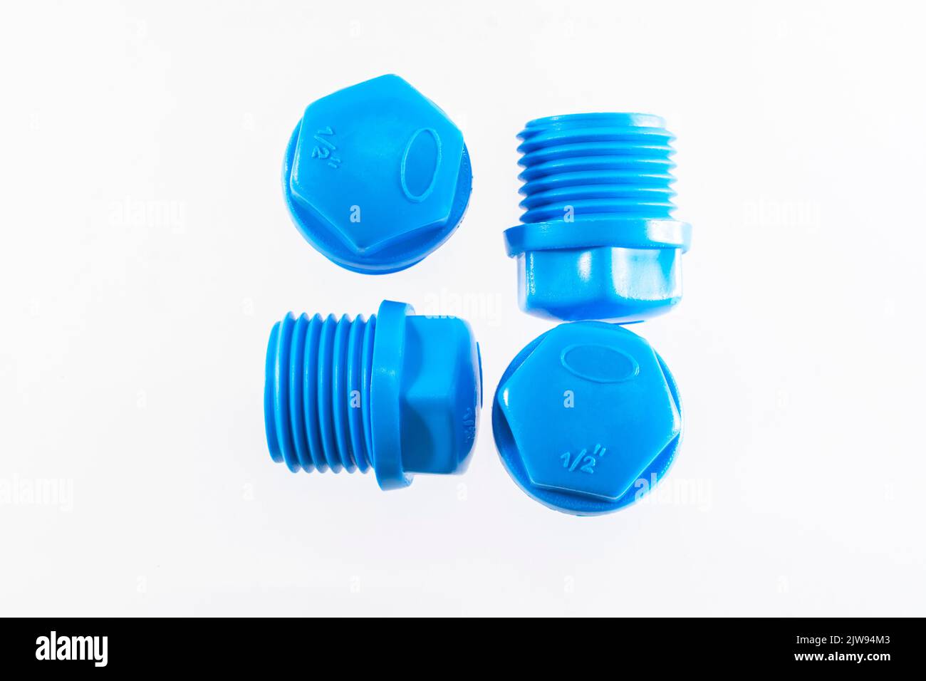 Blue PVC water pipe cover with halfinch thread on a white background