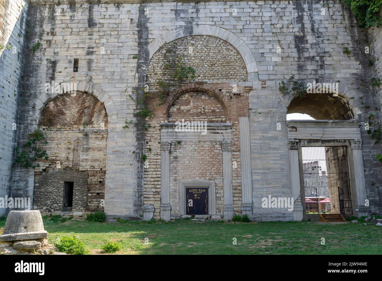 September 2, 2022: Views of the interior, courtyard and surroundings of the Yedikule Fortress Museum, fortified historic structure which was once used as a dungeon, located in the Yedikule neighbourhood of Fatih, in Istanbul, Turkey on September 2, 2022. Built in 1458 on the commission of Ottoman Sultan Mehmed II, the seven-tower complex was created by adding three new towers and fully enclosing a section of the ancient Walls of Constantinople, including the two twin towers that originally constituted the triumphal Golden Gate built by Roman Emperors Theodosius I and Theodosius II. (Credit Ima Stock Photo