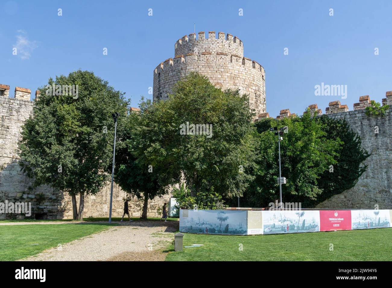 September 2, 2022: Views of the interior, courtyard and surroundings of the Yedikule Fortress Museum, fortified historic structure which was once used as a dungeon, located in the Yedikule neighbourhood of Fatih, in Istanbul, Turkey on September 2, 2022. Built in 1458 on the commission of Ottoman Sultan Mehmed II, the seven-tower complex was created by adding three new towers and fully enclosing a section of the ancient Walls of Constantinople, including the two twin towers that originally constituted the triumphal Golden Gate built by Roman Emperors Theodosius I and Theodosius II. (Credit Ima Stock Photo