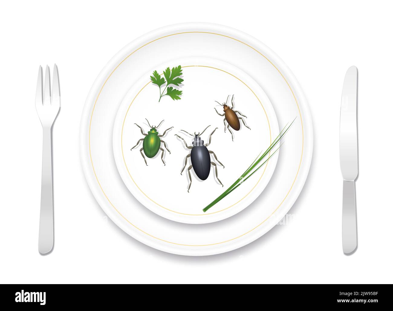 Eating bugs, insects, beetles. Noble fine porcelain crockery nicely prepared with three tasty bugs and healthy herbs. Delicious or disgusting meal. Stock Photo