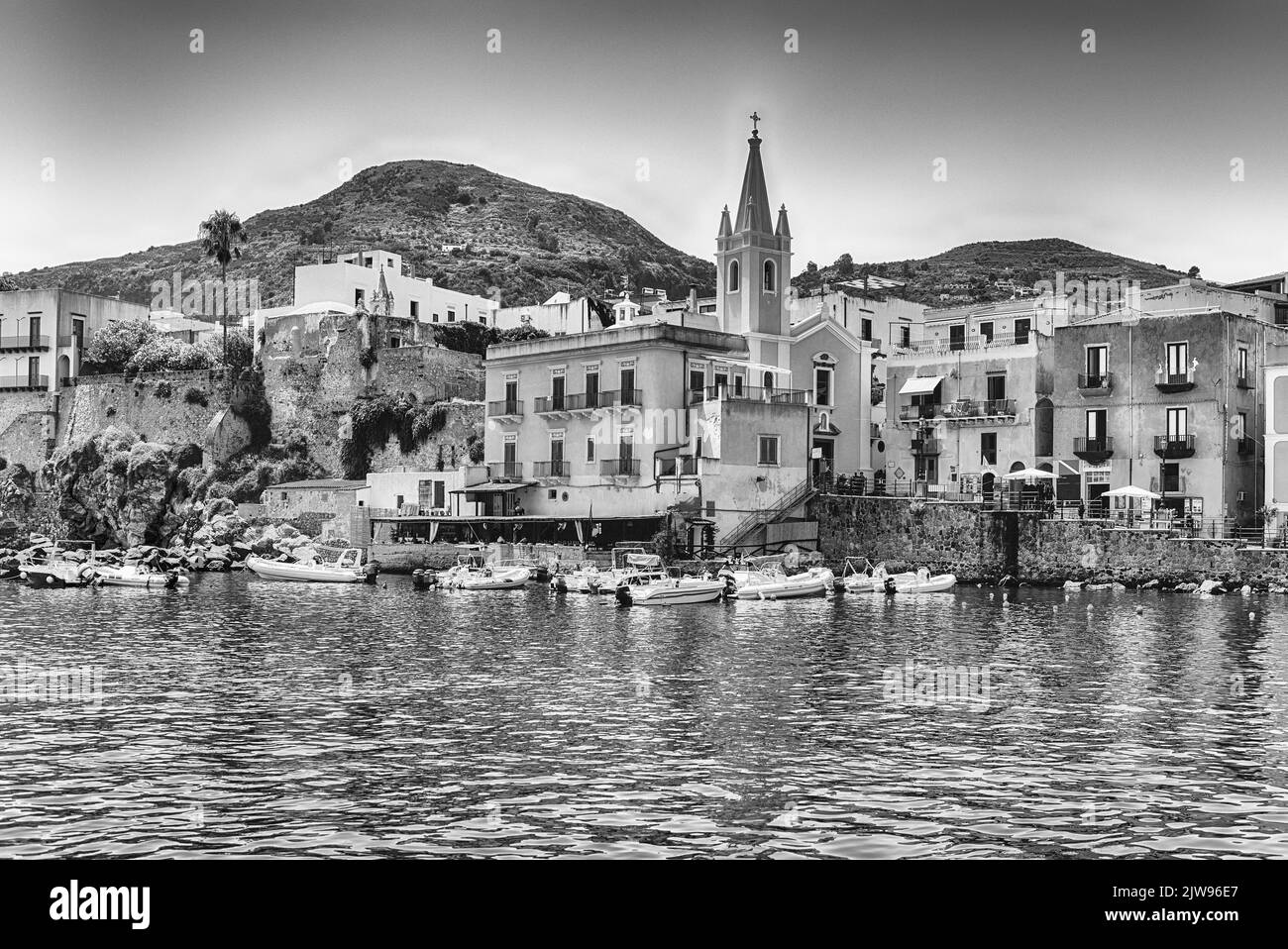 View of Marina Corta, smaller harbour in the main town of Lipari, the