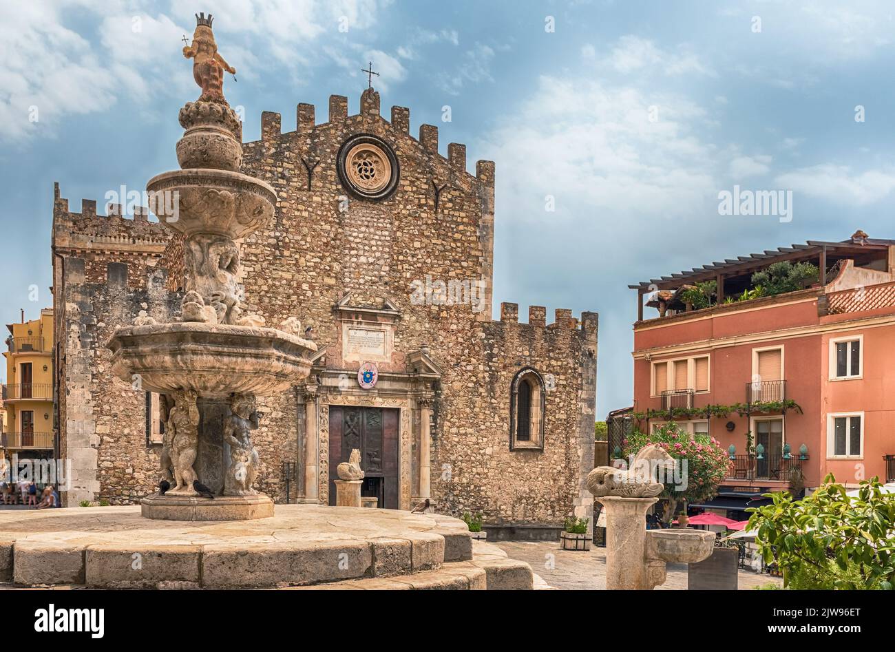 The scenic Cathedral's square, one of the main citysights in central Taormina, Sicily, Italy Stock Photo