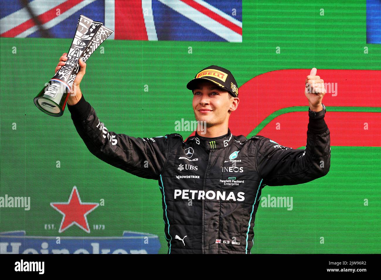 George Russell (GBR) Mercedes AMG F1 celebrates his second position on the podium.. Dutch Grand Prix, Sunday 4th September 2022. Zandvoort, Netherlands. Stock Photo