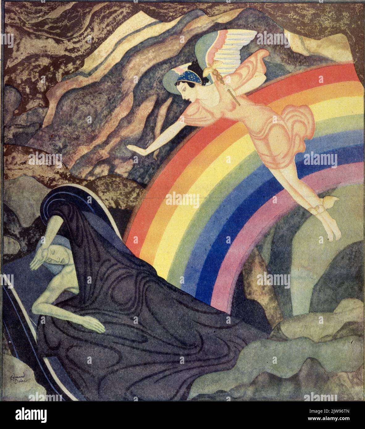 'Iris and The God of Sleep' published April 9,1933 in the American Weekly magazine painted by Edmund Dulac for the series Myths the Ancients Believed. Stock Photo