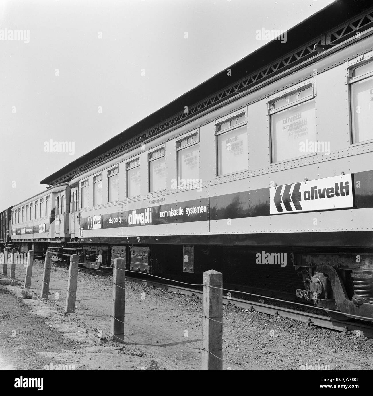 Image of the Olivetti exhibition train, consisting of old carriages mat ...