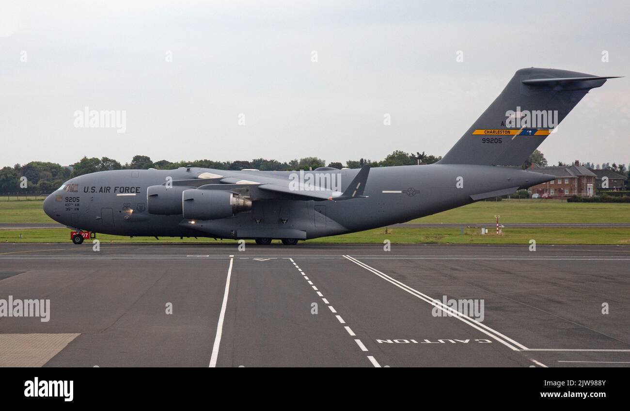 A United States Air Force Boeing C-17A Globemaster III Aircraft taxying at Belfast International Airport, Northern Ireland. Serial number 09-9205. Stock Photo