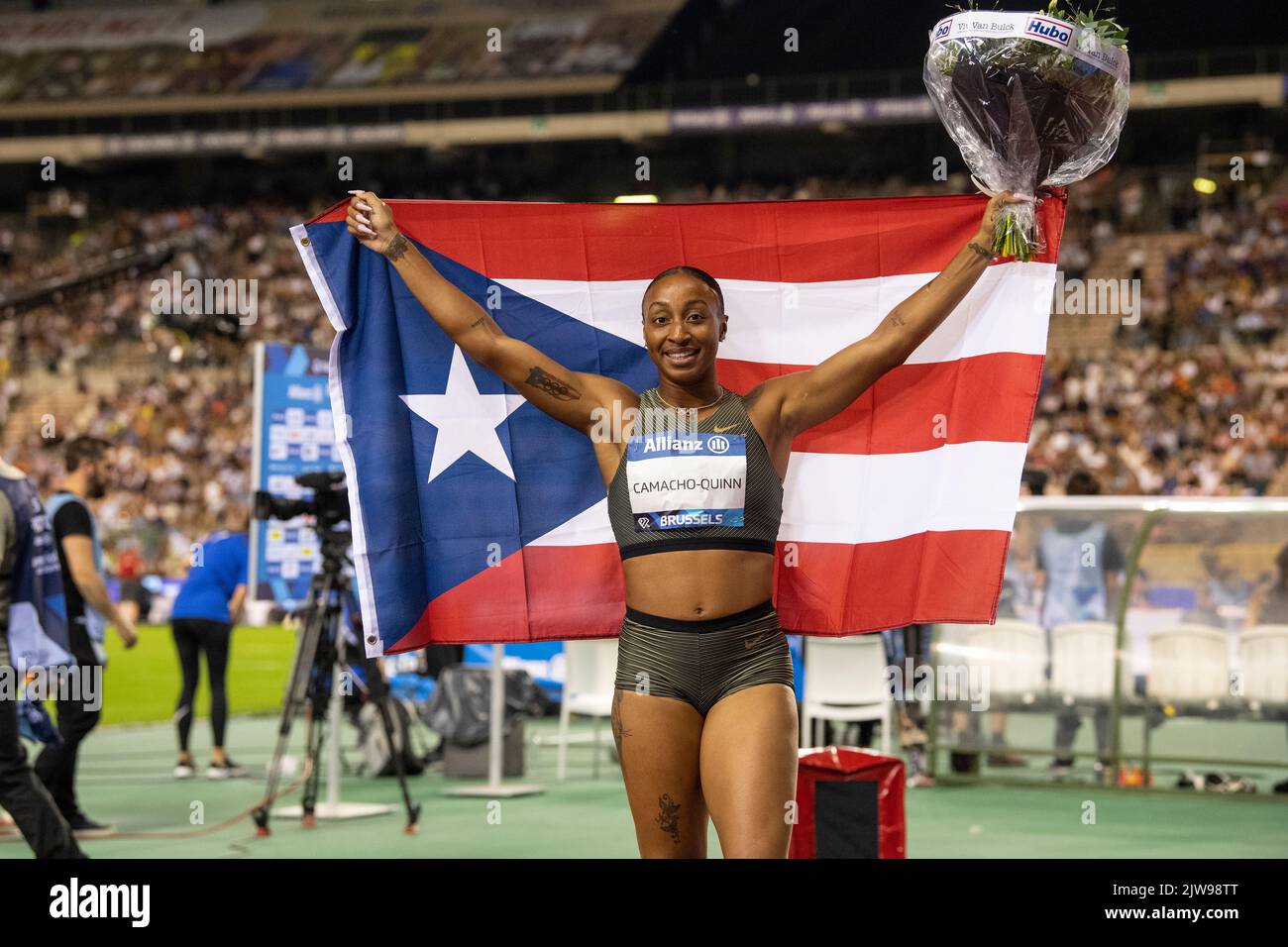 Jasmine CamachoQuinn celebrating her win in the women's 100m hurdles