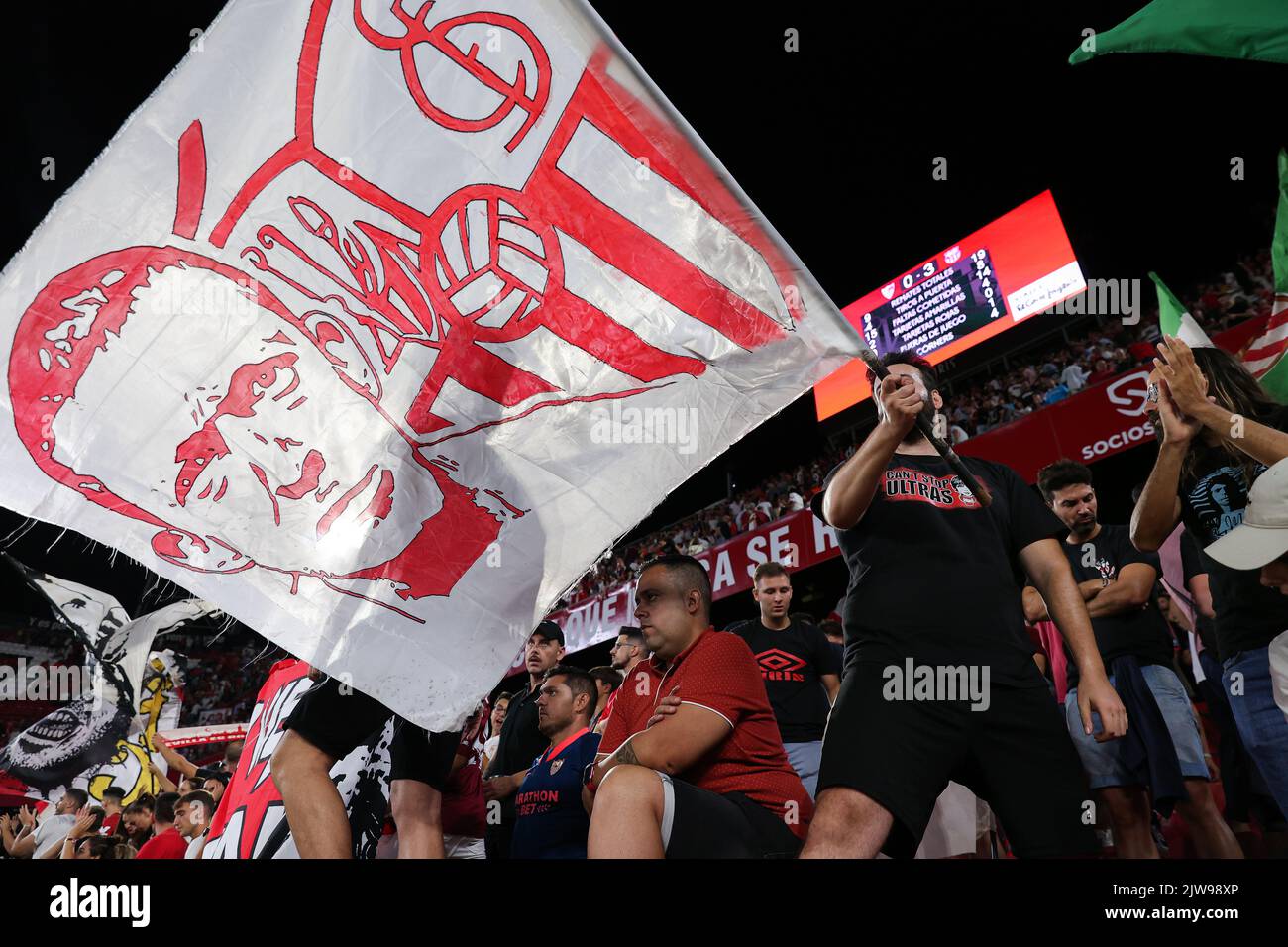supporters during the Liga match between Sevilla FC and FC Barcelona at Ramon Sanchez Pizjuan Stadium in Sevilla, Spain. Stock Photo