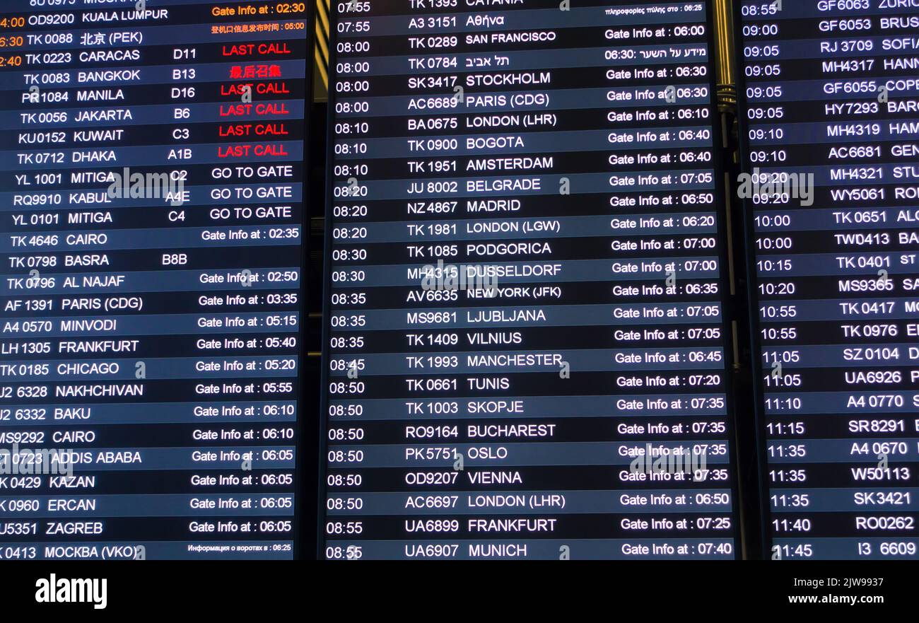 Big display in international airport with names of flights and cities Stock Photo