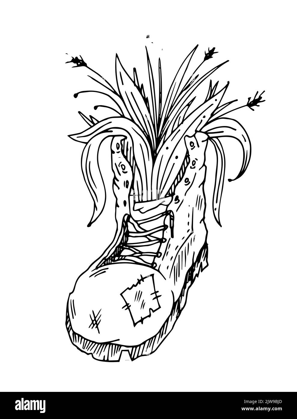 Flowers grew in soldier boot. Forgotten War. Antiwar picture. Outline hand drawn sketch. Drawing with ink. Isolated on white background. Vector. Stock Vector