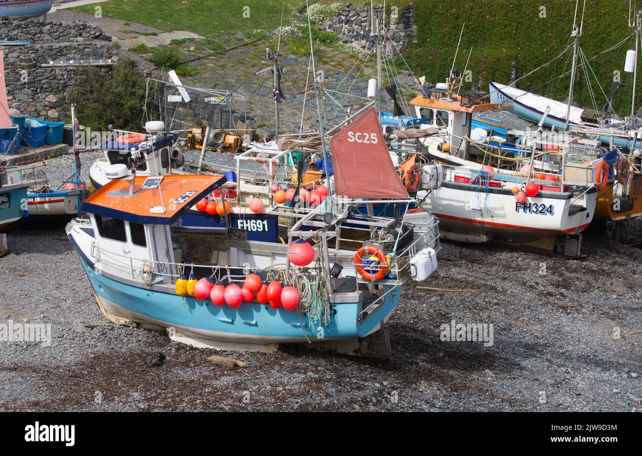 Cornish fishing boats pulled up onto the shingle beach at Cadgwith fishing village on the Lizard Peninsula, Cornwall, United Kingdom. Stock Photo