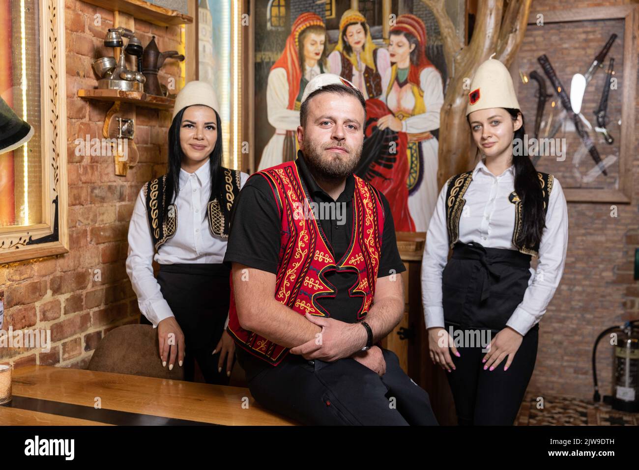 ALBANIANS Olti Bokciu, the owner of the Illyrian Grill House, an Albanian restaurant, Bounds Green, North London, UK Stock Photo