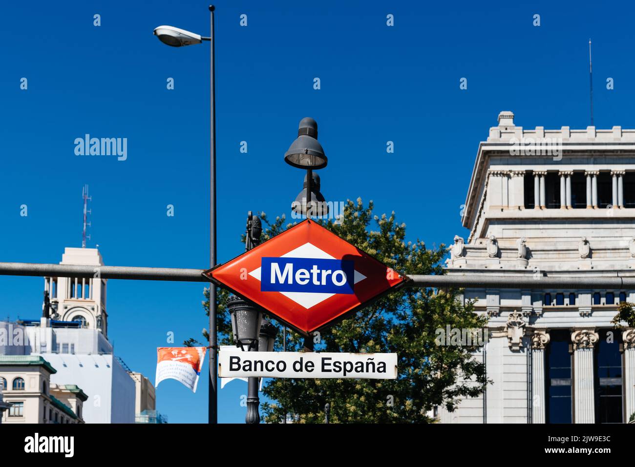 Madrid, Spain - August 15, 2021: Banco de Espana, Bank of Spain, metro station sign Stock Photo