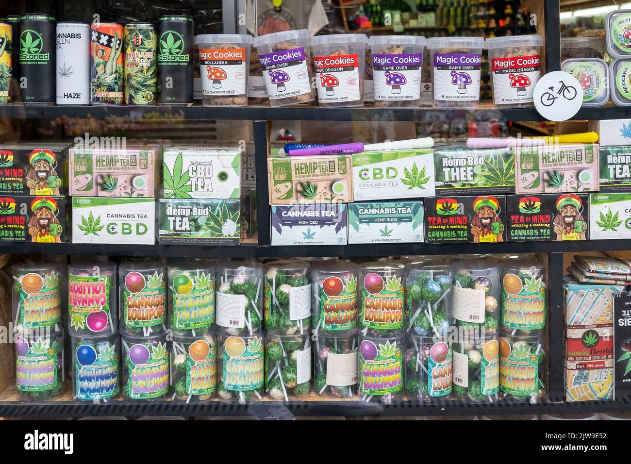 A collection of cannabis paraphernalia in the window of a shop in Amsterdam, Holland. Stock Photo