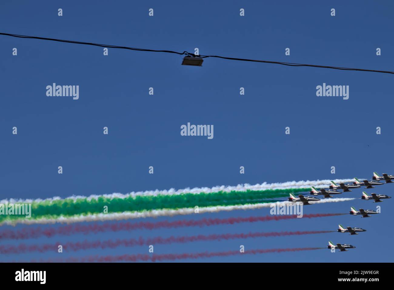 The tricolor arrows, symbol of the military parade, day of the Italian republic. Stock Photo