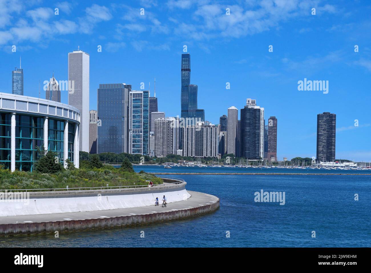 Chicago waterfront bike trail with downtown skyline, beside the Shedd