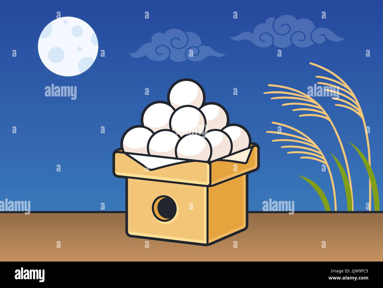 Full moon viewing on Tsukimi, Japanese Mid-Autumn Festival. Night sky with dango (rice cakes) and pampas grass. Cartoon vector clip art illustration. Stock Vector