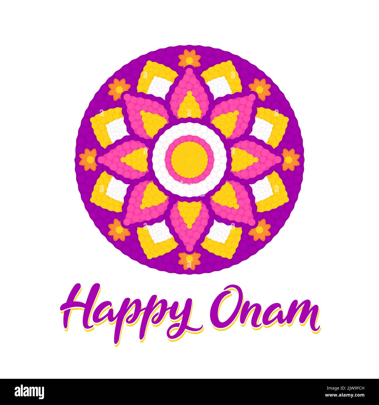 Happy Onam greeting card with floral rangoli (pookalam). Indian holiday in Kerala. Vector clip art illustration. Stock Vector