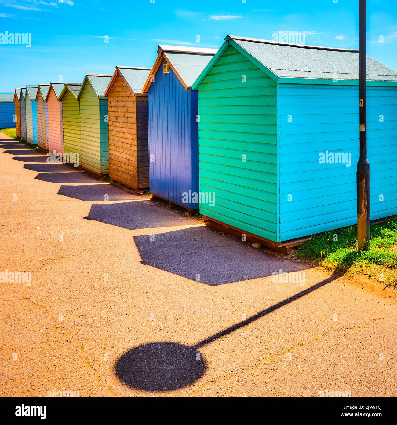 Colourful beach huts at Budleigh Salterton, South Devon, England Stock
