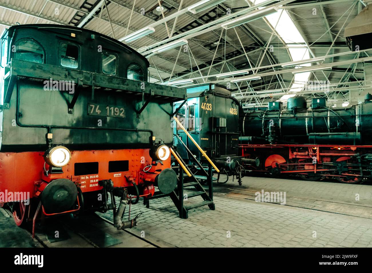 historic locomotives in the bochum railway museum  German railway history Stock Photo