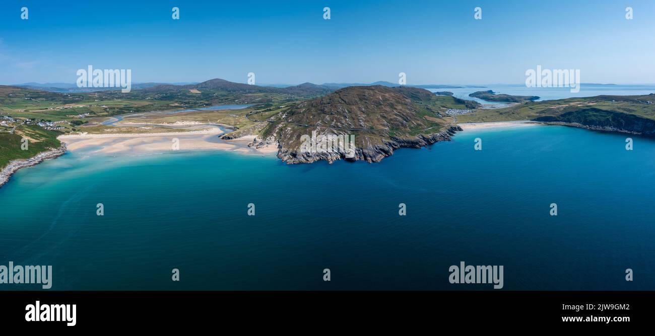 A panorama aerial view of Barley Cove Beach on the Mizen Peninsula of West Cork in Ireland Stock Photo