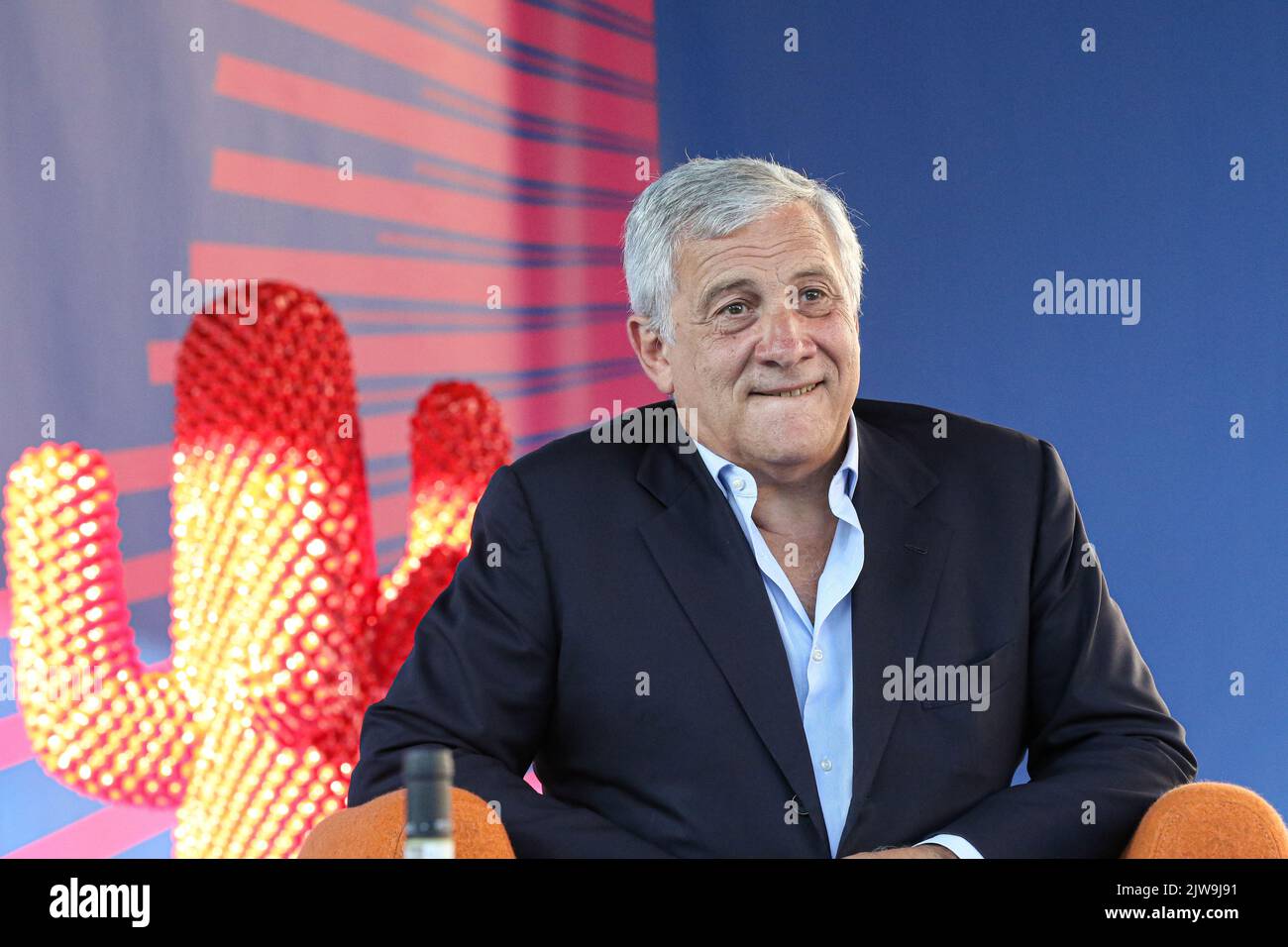 Antonio Tajani vice-president of the European People's Party, vice-president and single national coordinator of Forza Italia, interviewed by Maurizio Molinari, director of editor of the newspaper La Repubblica  at “Festival della TV di Dogliani (CN)” Stock Photo