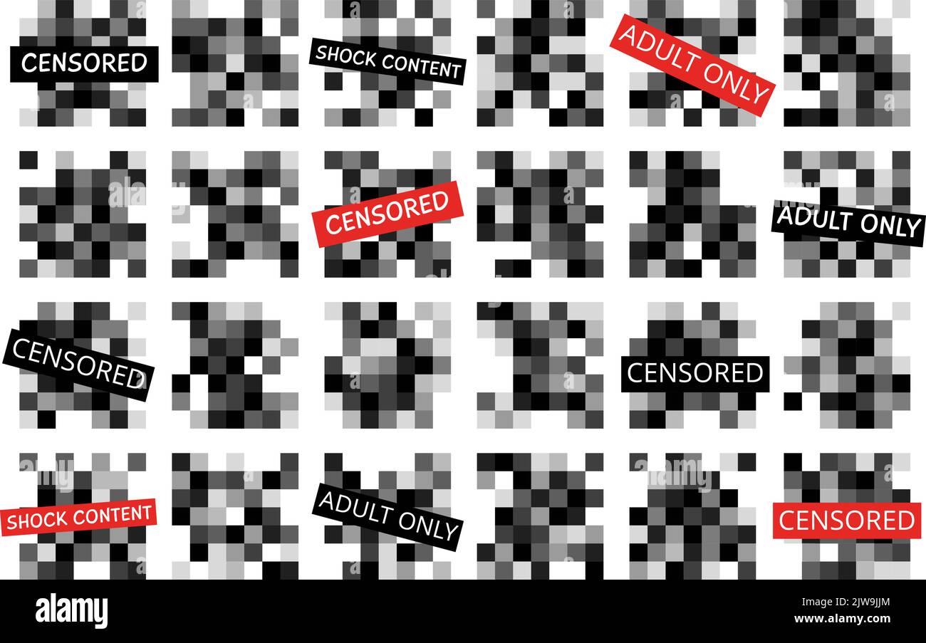 Censored pixel blur squares for tv or social media. Pixelated blurring effects for image video censor. Black mosaic graphic badges, decent censorship Stock Vector