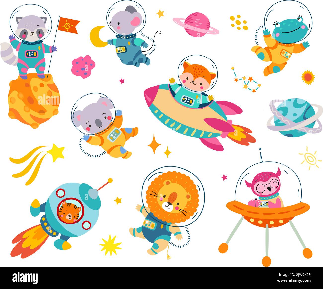 Space animals set in cosmonaut suit. Astronauts flying in rocket and in open universe. Planets, stars comet and constellation. Nowaday cute kids Stock Vector