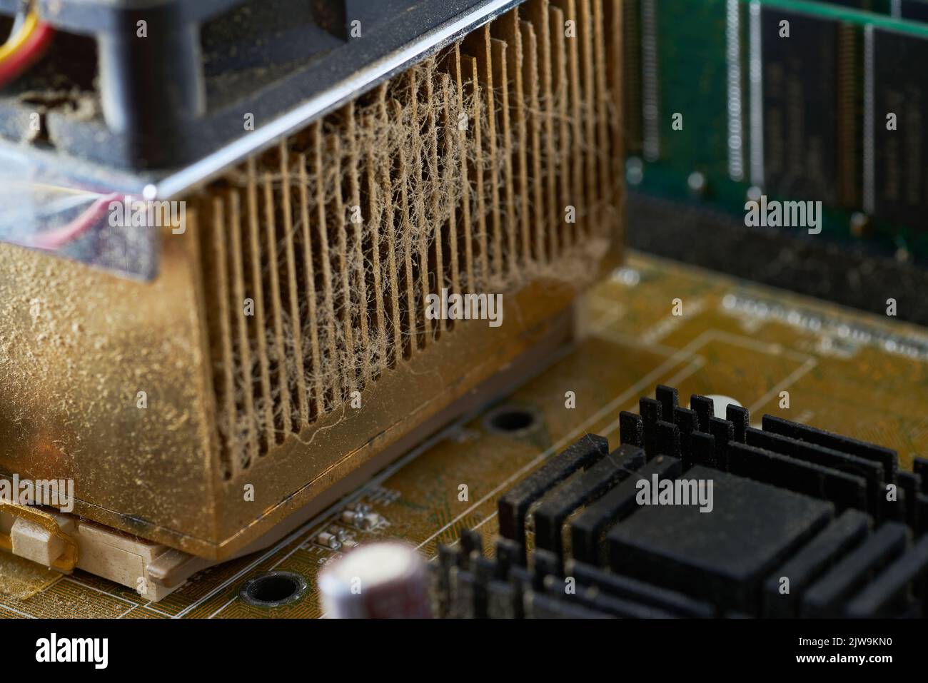 A thick layer of dust covers the internal electronic components of the